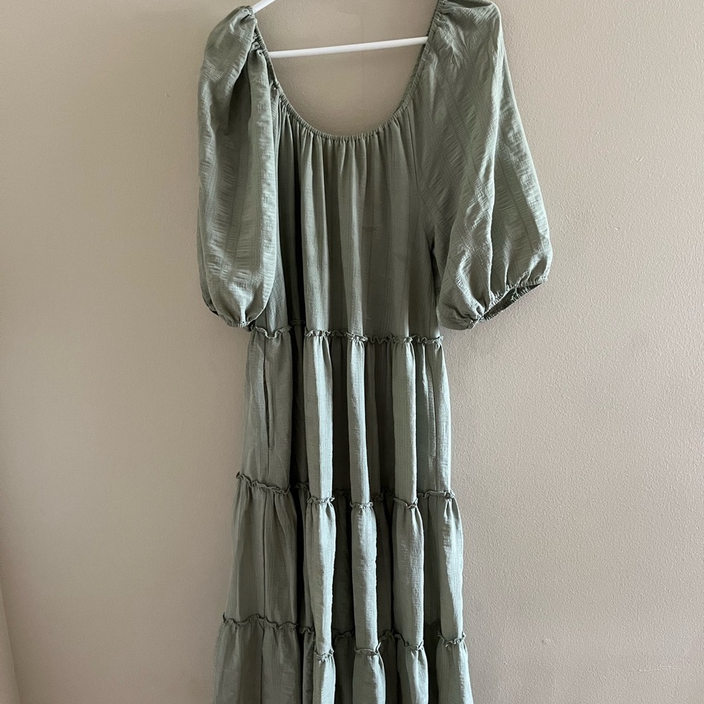 Tiered Sage Puff Sleeve Midi Dress